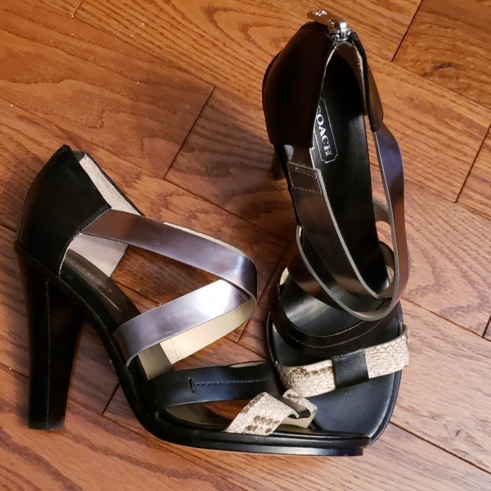 Coach Black Metallic Silver Brown Strappy Heels